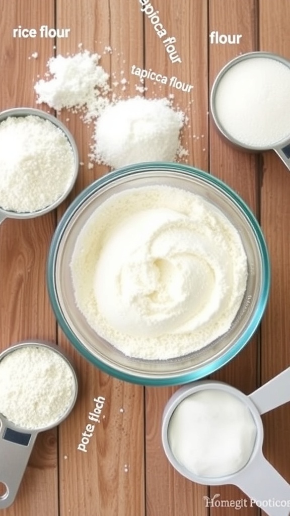 A bowl of gluten-free flour blend with rice flour, tapioca flour, and potato starch on a wooden table.
